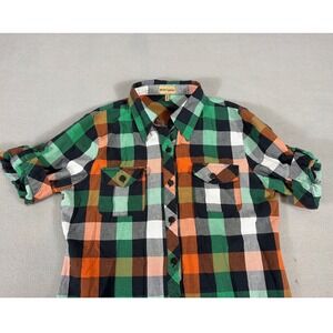 NA‎ NA Fashion Womens Green Orange Plaid Roll Tab Short Sleeve Button Up Shirt